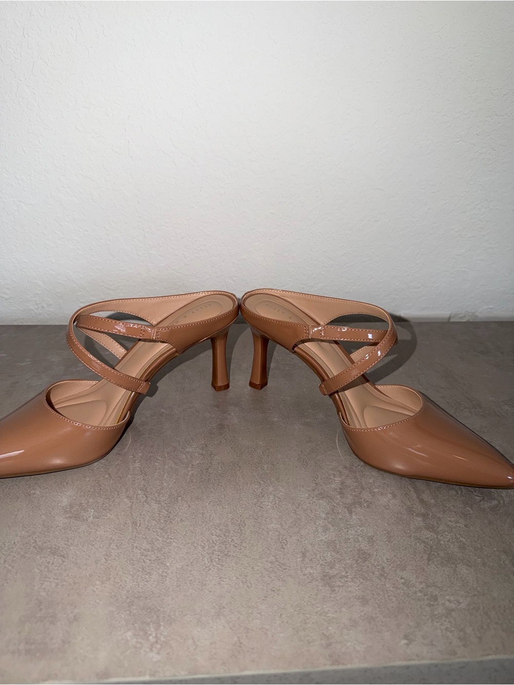 Kelly & Katie Patent Tan Pointed-Toe Strappy Mule Heels